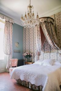 索沃泰尔瓦亭城堡酒店的一间卧室配有一张带吊灯的大床