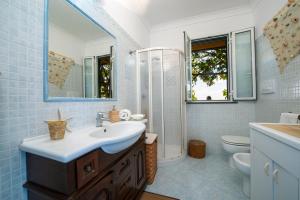 普莱伊亚诺Sea Side Solandra的蓝色和白色的浴室设有水槽和卫生间