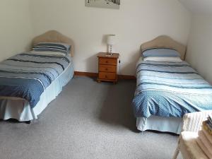 GlenariffLurig View B&B Glenariffe的带床头柜的客房内的两张单人床