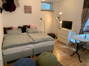 慕尼黑Helle Souterrainwohnung mit Komfort的一间卧室配有一张床和一张桌子及一台电视