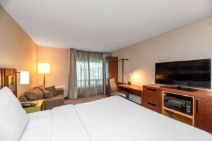 布谢维尔舒适客栈布奇威尔酒店的配有一张床和一台平面电视的酒店客房