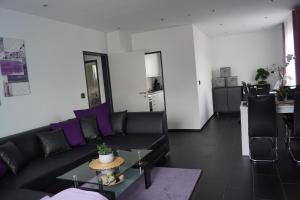 奥斯纳布吕克La Domus Superior Osnabrück Lotte的客厅配有黑色沙发和紫色枕头
