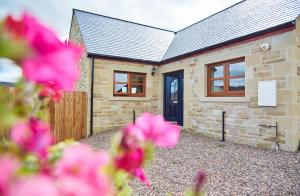 EdlinghamFinest Retreats - Quail's Nest Cottage的蓝色门和粉红色花的砖屋