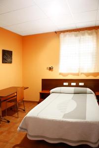 布尔戈斯Alojamiento Numancia Pensión的一间卧室配有一张床、一张桌子和一个窗户。