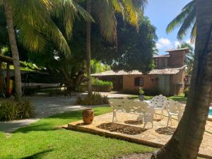 马塞约Casa Barra Nova的一个带两把椅子的院子和一座棕榈树的房子