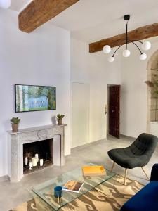 尼姆Grand confort au cœur de Nîmes的客厅设有壁炉和椅子