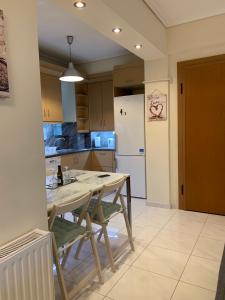 雅典New luxury apartment in central suburb of Athens的厨房配有桌椅和冰箱。