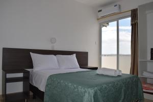 曼塔Mare S&M Casa Hostal的一间卧室配有一张带绿毯的床和窗户。