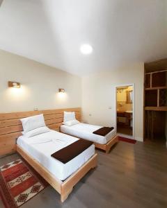 戈里察At Pikotiko's - Korca City Rooms for Rent的配有镜子的大客房内的两张床