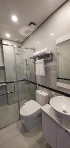 海防Lee Apartment & Hotel的带淋浴、卫生间和盥洗盆的浴室