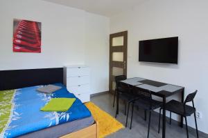 特罗亚诺维采Apartman Veronika的一间卧室配有一张床、一张桌子和一台电视。