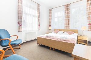 Nové Hamry塞弗特酒店的一间卧室配有一张床、一把椅子和窗户。