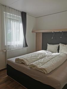 兰斯科伦Seecamping Berghof - Mobilheime的卧室内的一张大床,设有窗户