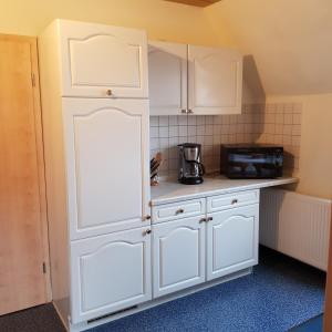 库罗阿尔滕堡Ferienwohnung Heinrich的厨房配有白色橱柜和微波炉