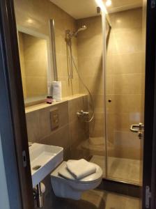 巴塞罗那堡垒膳食公寓的带淋浴、卫生间和盥洗盆的浴室