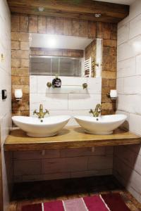 赫林斯科Chata Styl的浴室内木台面上的两个水槽