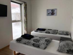 Látur海达勒乡村酒店的带窗户的客房内的两张床