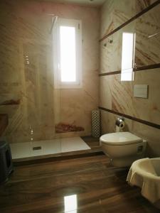 维博瓦伦蒂亚码头SARACENO HOTEL的带淋浴和卫生间的浴室以及窗户。
