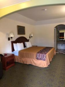 PorterPorter Executive Inn & Suites的酒店客房配有一张床铺和一张桌子。