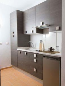 桑卢卡尔-德巴拉梅达法里纳斯11公寓的一个带木制橱柜和水槽的厨房