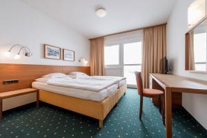 奥伯古格尔蒙大拿州木屋酒店的配有一张床和一张书桌的酒店客房