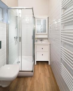 维谢格拉德Provence Apartmanok的带淋浴、卫生间和盥洗盆的浴室