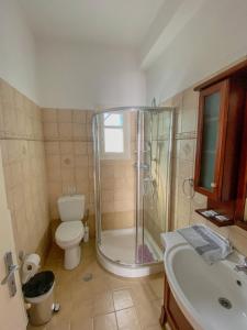 法罗斯岛Sifneiko Arxontiko的带淋浴、卫生间和盥洗盆的浴室