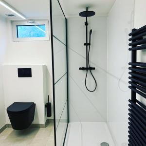 马尔梅迪Chalet Pierco的一间带黑色卫生间和淋浴的浴室