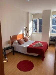 波尔图Formosa Oporto Apartments Group的一间卧室配有一张带红色毯子的床和两个窗户。