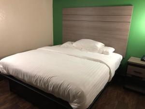 霍顿旅行者沃顿套房汽车旅馆的一张带白色床单和枕头的床