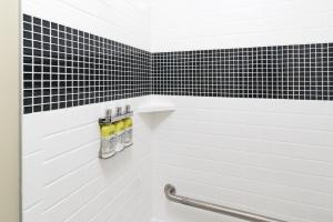 萨斯卡通萨斯卡通大学路斯坦布里奇套房酒店的浴室拥有黑色和白色的瓷砖墙壁。