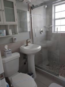 帕诺滩Sunrise Ocean Suites的浴室配有卫生间、盥洗盆和淋浴。