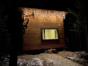 伊纳利Aurora Husky Hut的一座建筑,窗户上装有灯