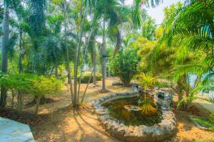 班武里府OYO 614 Koh Lak Resort的棕榈树公园中央的池塘