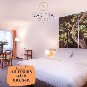 日内瓦Hotel Sagitta的酒店客房,配有一张床和一个阅读标志 萨吉塔所有客房旅馆