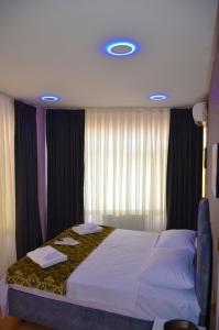 伊斯坦布尔Rodion Hotel的一间带床的卧室,位于带窗帘的房间