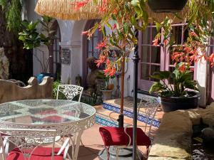 圣巴巴拉玫瑰别墅旅馆的庭院设有玻璃桌、椅子和植物