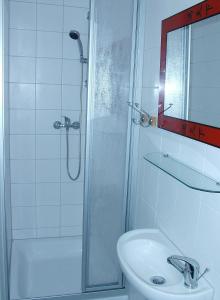 柏林阿莱克斯顶级景致&城市酒店的带淋浴和盥洗盆的白色浴室