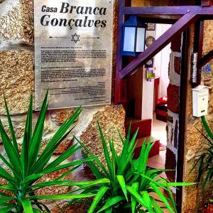 贝尔蒙特Branca Gonçalves Belmonte的墙上的标志旁的植物