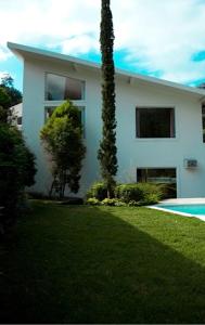 里约热内卢Mansao de Praia的棕榈树和游泳池的白色房子