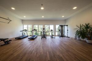 卡斯特尔罗托Hotel Alpenflora的一间铺有木地板的健身房,里面设有跑步机和椭圆机