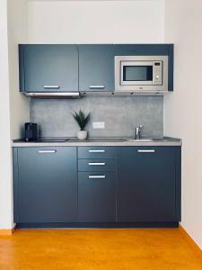 布尔诺Campea Business Apartments的厨房配有蓝色橱柜和微波炉