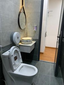 Bến CátKhải Hoàn Hotel的浴室设有卫生间、镜子和水槽