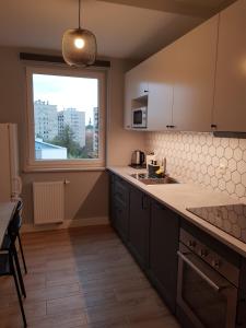 卡托维兹Sun Apartment Katowice Chorzów的厨房设有大窗户和台面