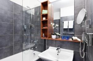 路德维希堡路德维希堡城市绿洲酒店的一间带水槽、淋浴和镜子的浴室