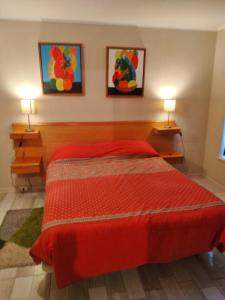 阿尔加罗沃Laguna Vista的一间卧室配有一张红色的床和两盏灯。