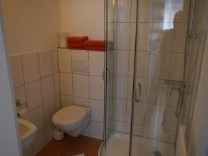黑尔戈兰岛艾尔葛洛斯提贝公寓的一间带卫生间和玻璃淋浴间的浴室