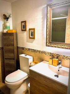阿兰约兹Confort Nordico Aranjuez con garaje y Netflix的一间带卫生间、水槽和镜子的浴室