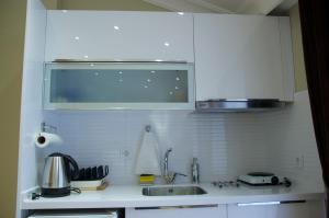 伊斯坦布尔加拉塔新艺术风格酒店的白色的厨房配有水槽和微波炉