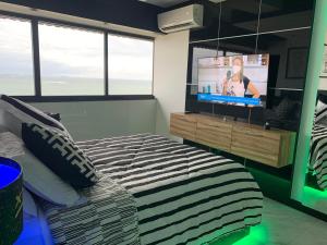 维拉维尔哈Presidential Suite na orla da Praia da Costa的一间卧室配有一张床和一台平面电视